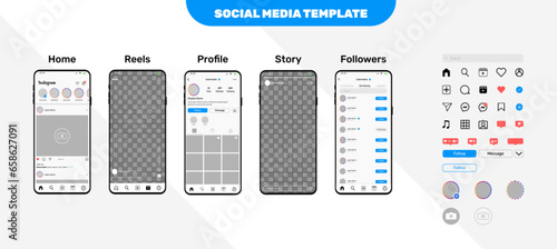 Social Media reels story and profile page templates with icons and notifications set vector