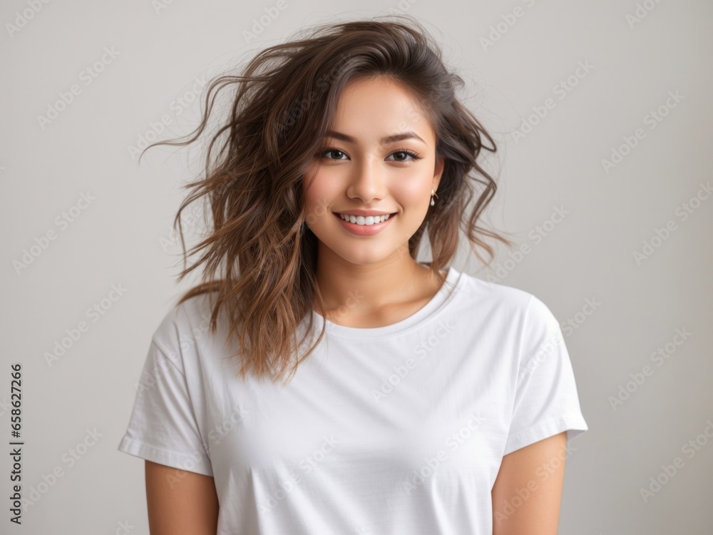 Casual Elegance: Young Happy Woman in White T-Shirt and Jeans Casual Elegance: Young Happy Woman in White T-Shirt and Jeans