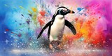 Painted colorful penguine  animal, they show off in beautiful colors. isolated black background. Pattern for t-shirt printing, Generative AI