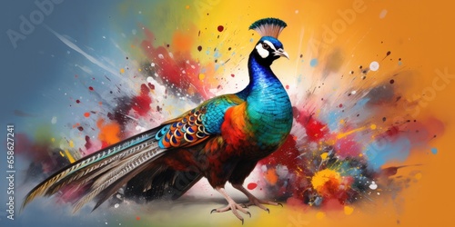 Painted colorful pheasant animal, they show off in beautiful colors. isolated black background. Pattern for t-shirt printing, Generative AI