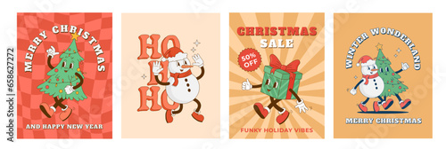 Set of retro cartoon Christmas characters posters. Christmas tree, snowman, gift box mascot. New year decoration vector illustration. Print, poster, greeting card, postcard