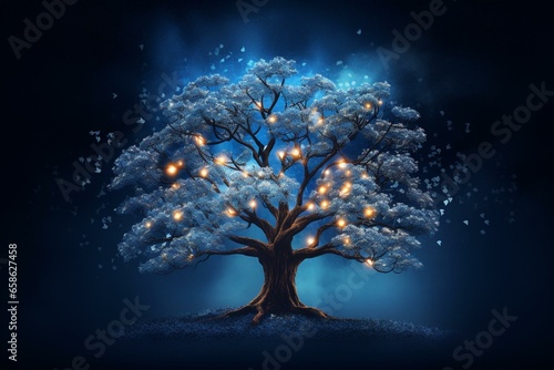 Brightly lit tree against a blue backdrop. Generative AI