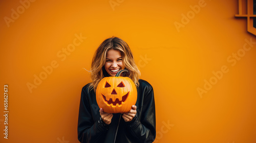 Portrait of a beautiful young woman in black clothes holding Halloween pumpkin on yellow background