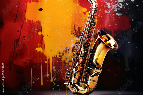 saxophone musical instrument with paint spots background