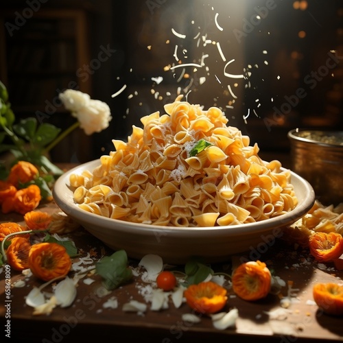 A pot of pasta is falling onto another food stock image