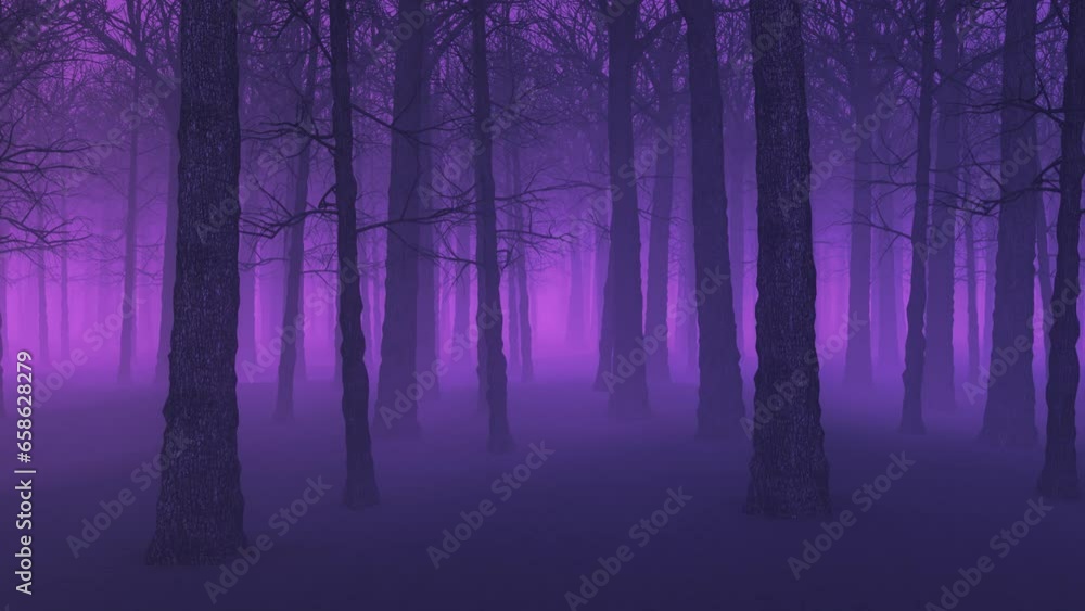 3D animation - Halloween background of a purple foggy forest at night with parallax style looped camera movement.