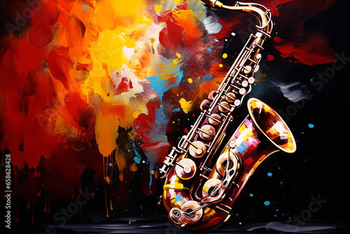 saxophone musical instrument with paint spots background photo