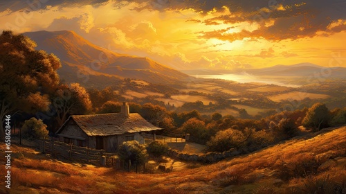 Sunset on remote farm in hilly terrain