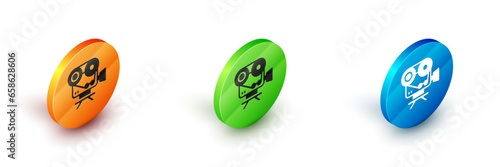 Isometric Retro cinema camera icon isolated on white background. Video camera. Movie sign. Film projector. Circle button. Vector