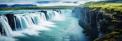 Waterfalls in a green plateau under cloudy sky