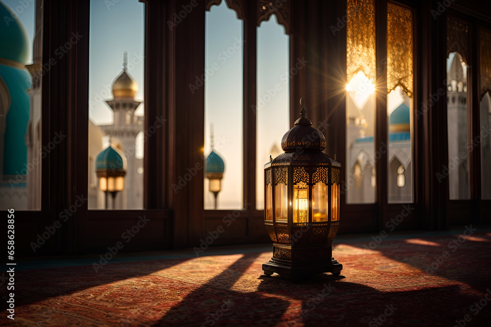 Create photorealistic scene of a Lantern hanging by a window with soft,warm light streaming through