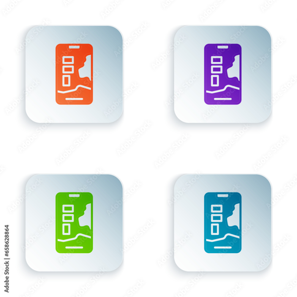 Color Infographic of city map navigation icon isolated on white background. Mobile App Interface concept design. Geolacation concept. Set colorful icons in square buttons. Vector Color Infographic of city map navigation icon isolated on white background. Mobile App Interface concept design. Geolacation concept. Set colorful icons in square buttons. Vector