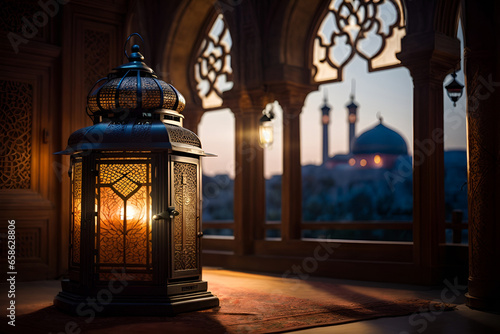 Create photorealistic scene of a Lantern hanging by a window with soft,warm light streaming through photo