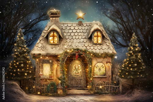 A small fairy tale cottage in a winter snow covered forest, Christmas background with woodland house made by gnomes and trolls
