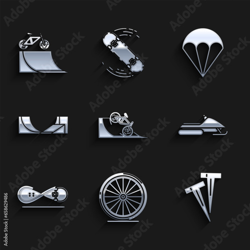 Set Bicycle on street ramp, wheel, Pegs for tents, Snowmobile, Skateboard trick, park, Parachute and icon. Vector