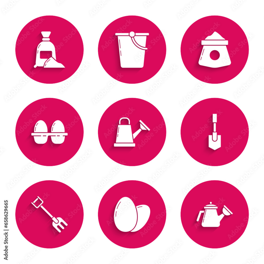 Set Watering can, Chicken egg, Shovel, Garden rake, box, Bag of flour and icon. Vector Set Watering can, Chicken egg, Shovel, Garden rake, box, Bag of flour and icon. Vector
