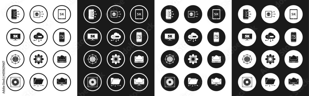 Set Tablet with text 5k, Smartphone, mobile phone, Mobile and graphic password protection, Remote control, Cloud technology data transfer storage and Global social network icon. Vector Set Tablet with text 5k, Smartphone, mobile phone, Mobile and graphic password protection, Remote control, Cloud technology data transfer storage and Global social network icon. Vector