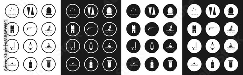 Set Buoy, Fishing harpoon, Wetsuit for scuba diving, Cold and waves, Floating buoy the sea, Rubber flippers swimming, and Snorkel icon. Vector