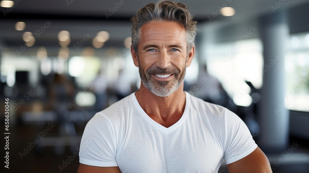 Smiling fitness coach standing in gym. Mature trainer for workout Smiling fitness coach standing in gym. Mature trainer for workout