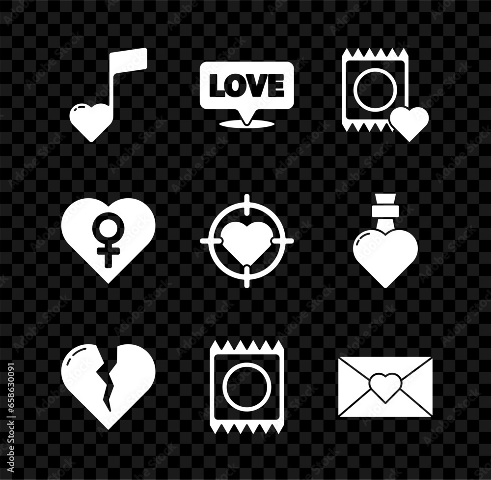 Set Music note, tone with hearts, Speech bubble text love, Condom in package, Broken or divorce, Envelope Valentine, Heart female gender and the center of darts target aim icon. Vector