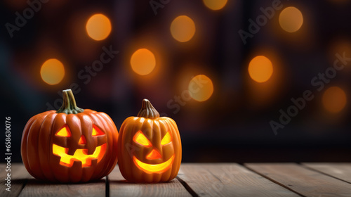 Halloween pumpkins with candles on wooden background, close-up