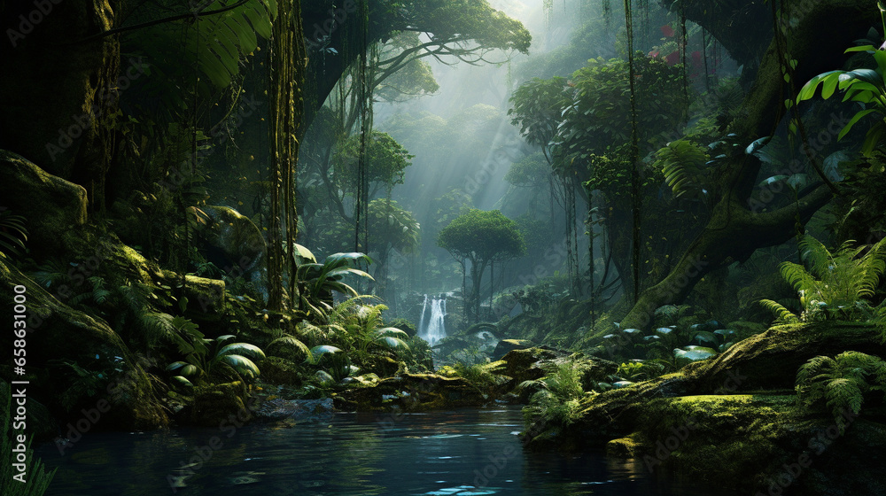 A rainforest vegetated and vibrant ecosystem with towering trees forming a dense canopy. It teems with colorful wildlife, meandering rivers. Tropical Forest, Jungle. A rainforest vegetated and vibrant ecosystem with towering trees forming a dense canopy. It teems with colorful wildlife, meandering rivers. Tropical Forest, Jungle.