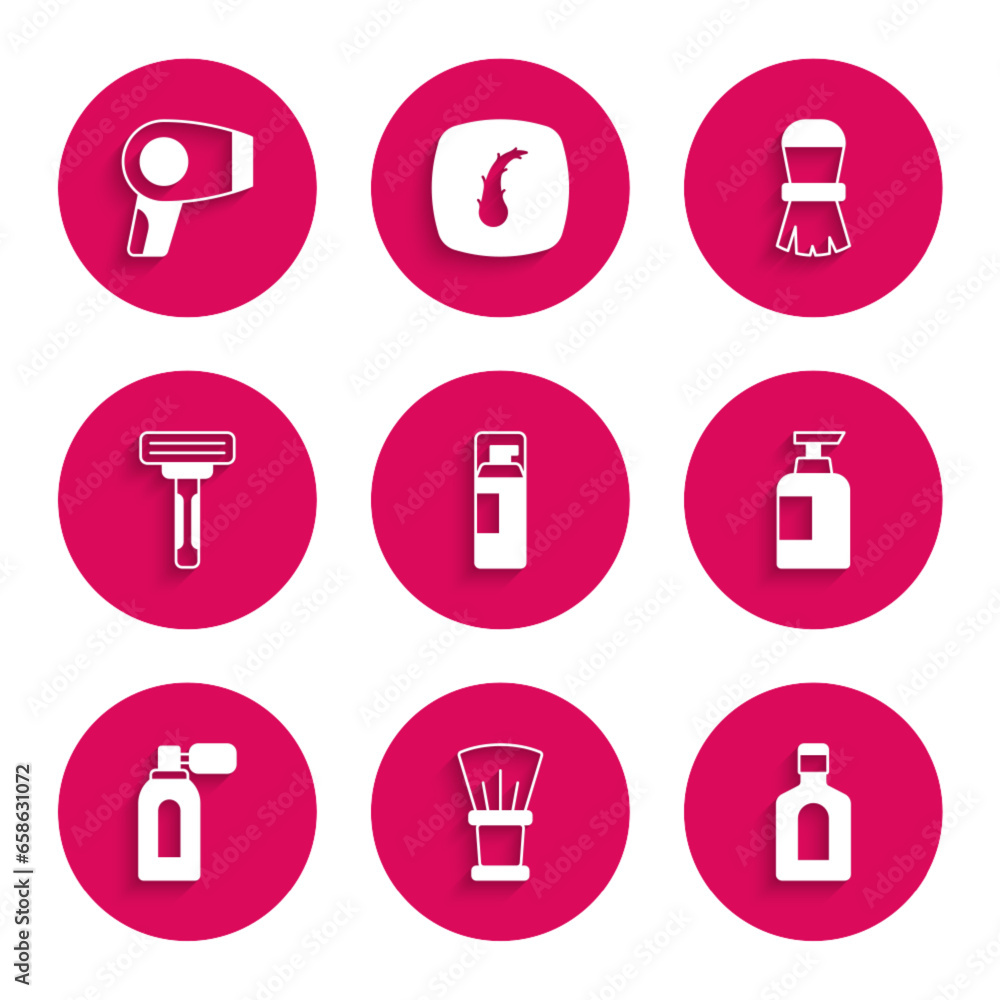 Set Shaving gel foam, brush, Bottle of shampoo, Aftershave with atomizer, razor, and Hair dryer icon. Vector Set Shaving gel foam, brush, Bottle of shampoo, Aftershave with atomizer, razor, and Hair dryer icon. Vector