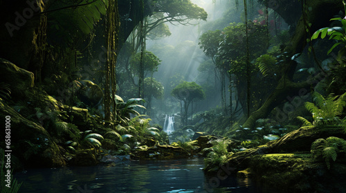 A rainforest vegetated and vibrant ecosystem with towering trees forming a dense canopy. It teems with colorful wildlife, meandering rivers. Tropical Forest, Jungle. © Bee