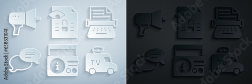 Set News on radio channel, Retro typewriter, Speech bubble chat, TV car, Journalistic investigation and Megaphone icon. Vector