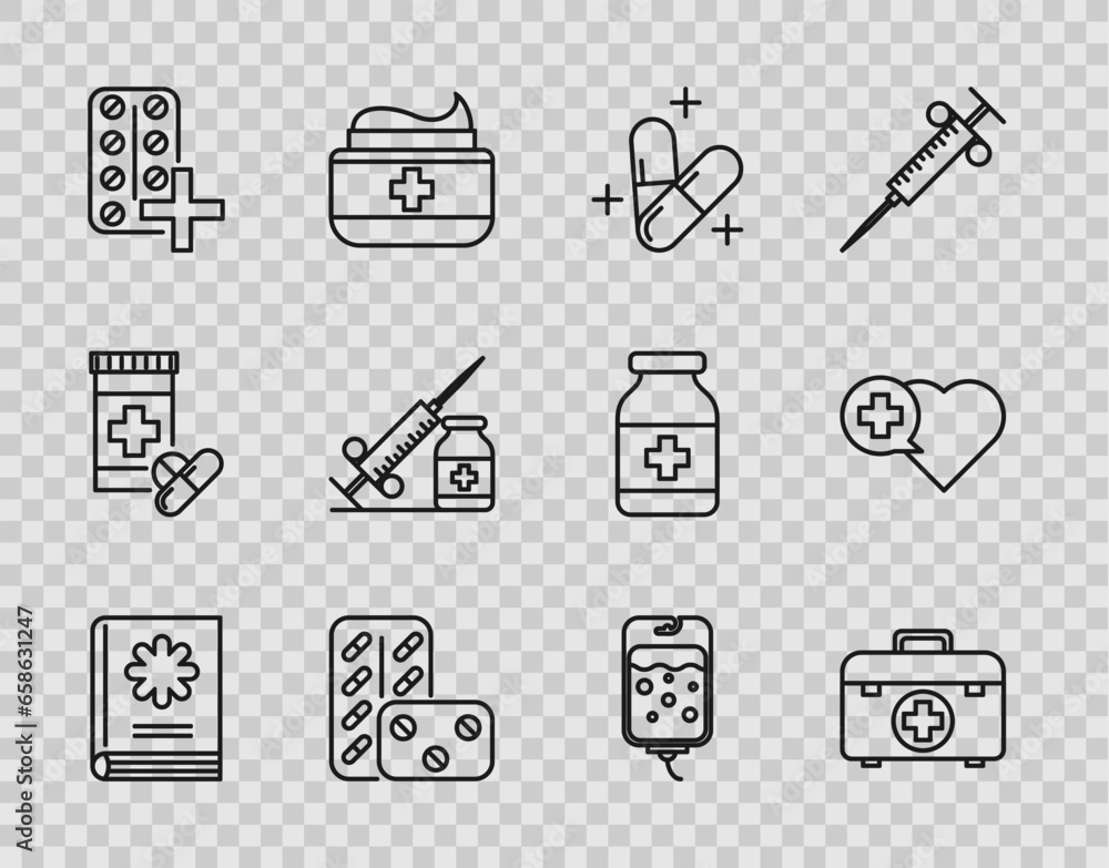 Set line Medical book, First aid kit, Medicine pill or tablet, Pills blister pack, syringe with needle and vial ampoule, IV bag and Heart cross icon. Vector Set line Medical book, First aid kit, Medicine pill or tablet, Pills blister pack, syringe with needle and vial ampoule, IV bag and Heart cross icon. Vector