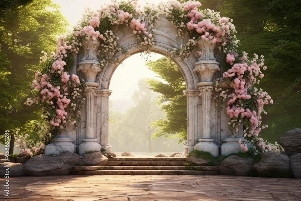 A beautiful stone arch covered in vibrant pink flowers, creating a picturesque scene. Perfect for nature enthusiasts or garden lovers.