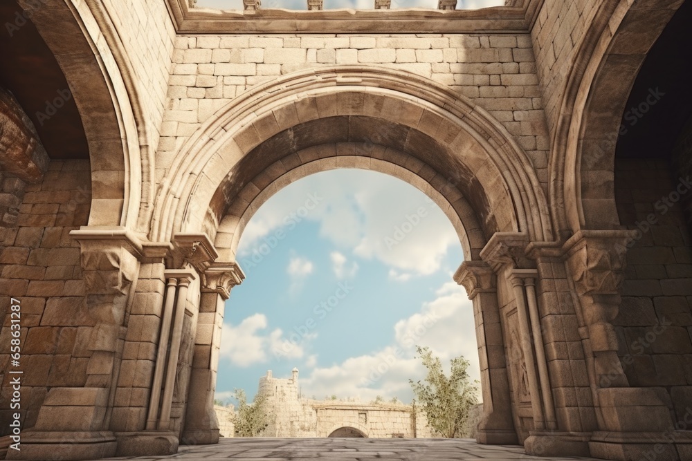 A picture of a stone archway with a beautiful sky in the background. This image can be used to represent architecture, nature, or outdoor landscapes.