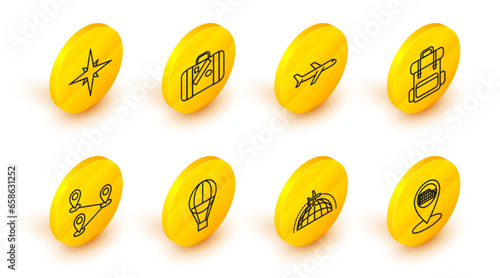 Set line Map pointer with Coliseum in Rome, Italy, Globe flying plane, Hot air balloon, Route location, Hiking backpack, Plane, Suitcase for travel and stickers and Wind rose icon. Vector