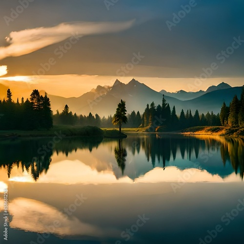 sunrise over the lake created using AI tools © Shehar