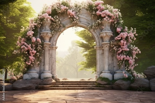 A beautiful stone arch covered in vibrant pink flowers, creating a picturesque scene. Perfect for nature enthusiasts or garden lovers. © Fotograf
