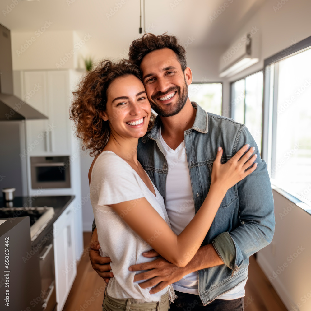 Fototapeta premium Couple with moving boxes in their new home