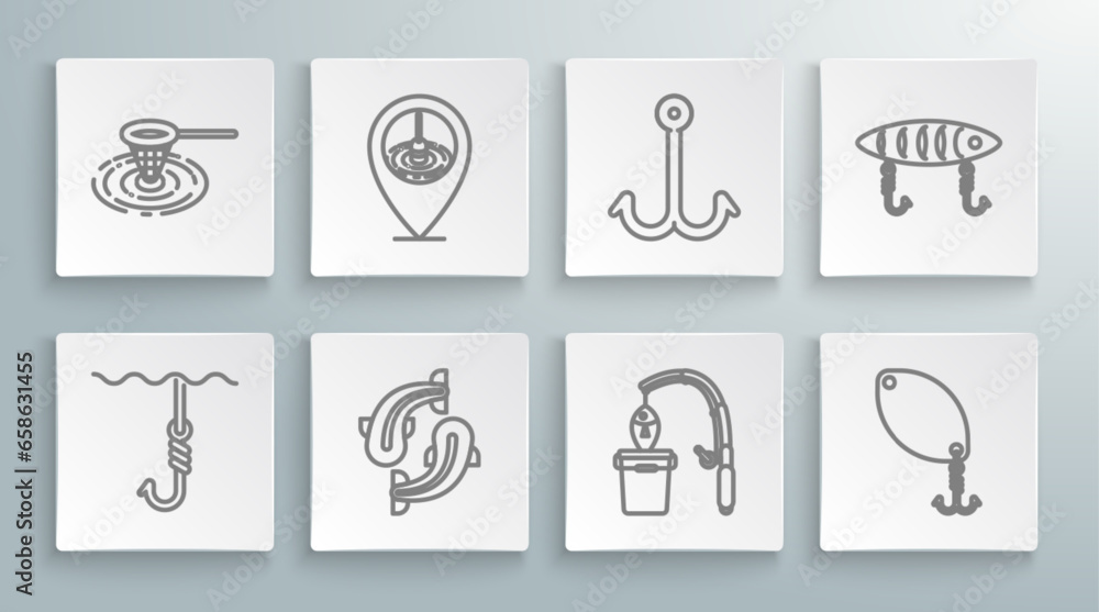 Set line Fishing hook under water, Location fishing, rod and, spoon, lure and net icon. Vector Set line Fishing hook under water, Location fishing, rod and, spoon, lure and net icon. Vector