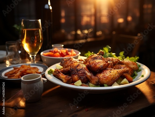 A plate of chicken wings, salad and fries on a table and a glass of wine