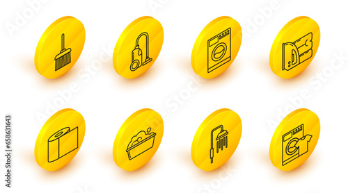 Set line Washer and t-shirt, Shower head with water drops flowing, Plastic basin soap suds, Toilet paper roll, Electric iron towel, Vacuum cleaner and Handle broom icon. Vector