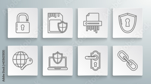 Set line Globe key, SD card and shield, Laptop protected with, Door handle, Chain link, Paper shredder confidential, Shield keyhole and Open padlock icon. Vector