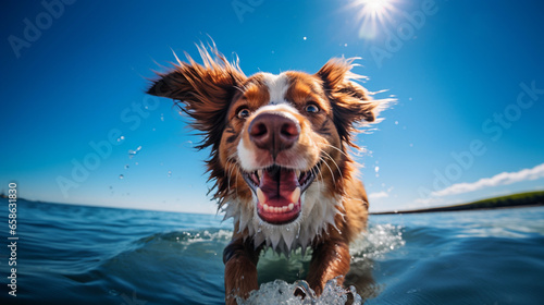 Portrait of a happy dog on a blurred background, beautiful lighting. © ArturSniezhyn