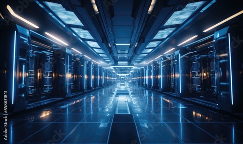 A modern data center featuring multiple servers, each equipped with glowing LED lights. © DenisNata
