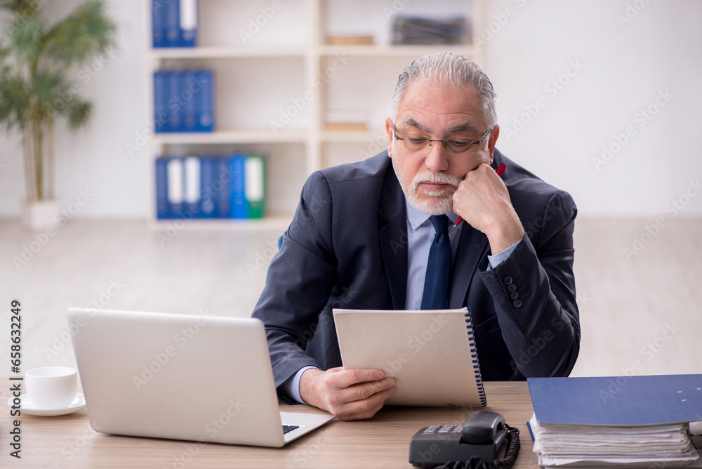Old male employee working in the office Old male employee working in the office