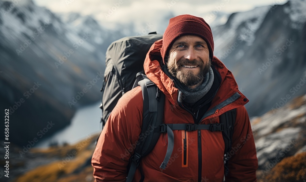 A close-up portrait of a smiling middle-aged man in a jacket and hat with backpack hiking in the Scandinavian mountains during an overcast autumn day.