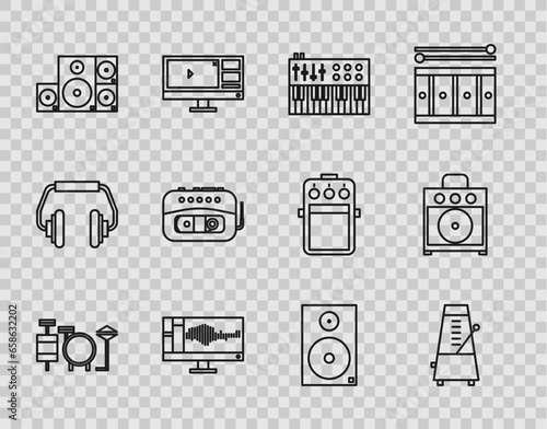 Set line Drums, Metronome with pendulum in motion, Music synthesizer, Sound or audio recorder monitor, Stereo speaker, tape player, and Guitar amplifier icon. Vector