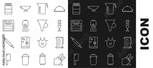 Set line Knife, Kettle with handle, Blender, Measuring cup, Oven, Open matchbox matches and Funnel or filter icon. Vector