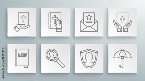 Set line Law book, Oath on the Holy Bible, Magnifying glass for search, User protection, Umbrella, The arrest warrant, and icon. Vector