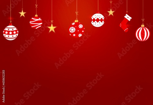 Christmas balls and Christmas ornaments hanging on red background, Christmas and New Year Decoration