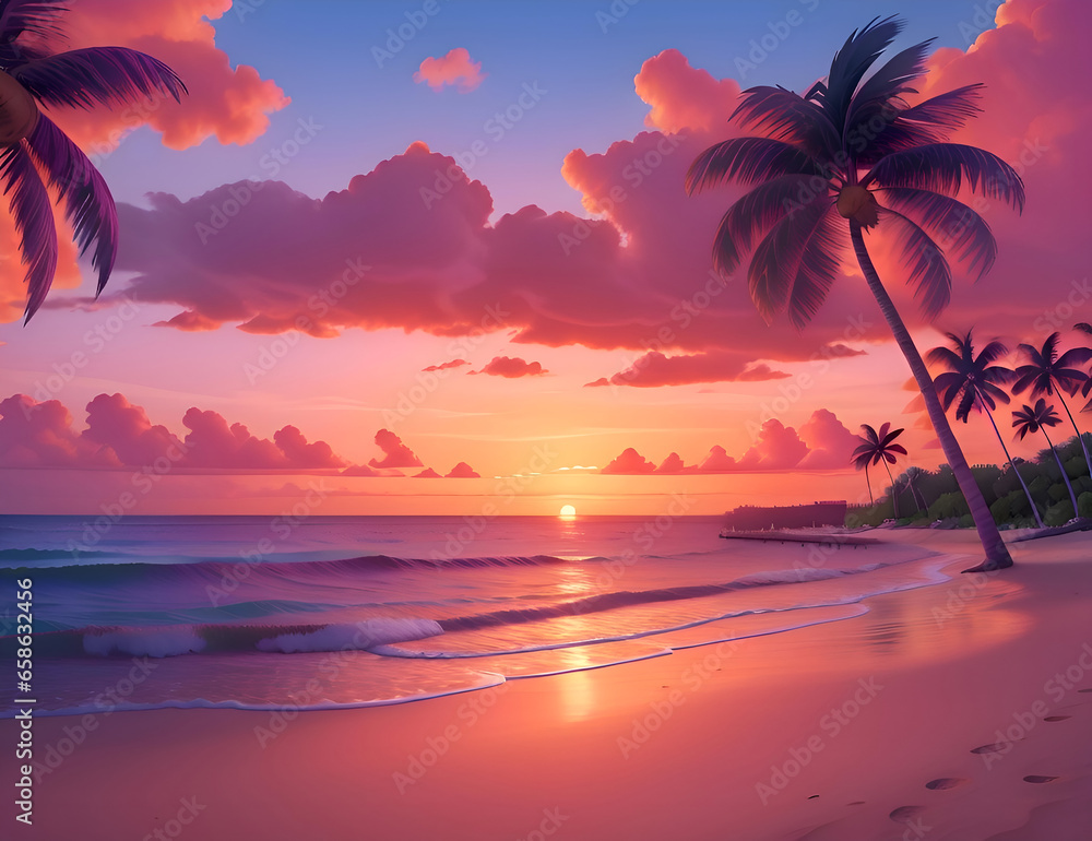 Idyllic sunset beach with palm trees, serene waves, colorful sky