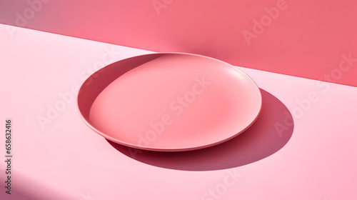 minimalist empty pink plate on a pink table on a vibrant pink colored background